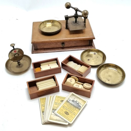 1 - Unusual antique gaming card press / compendium with trump scorer, brass dishes & drawer with bone ga... 