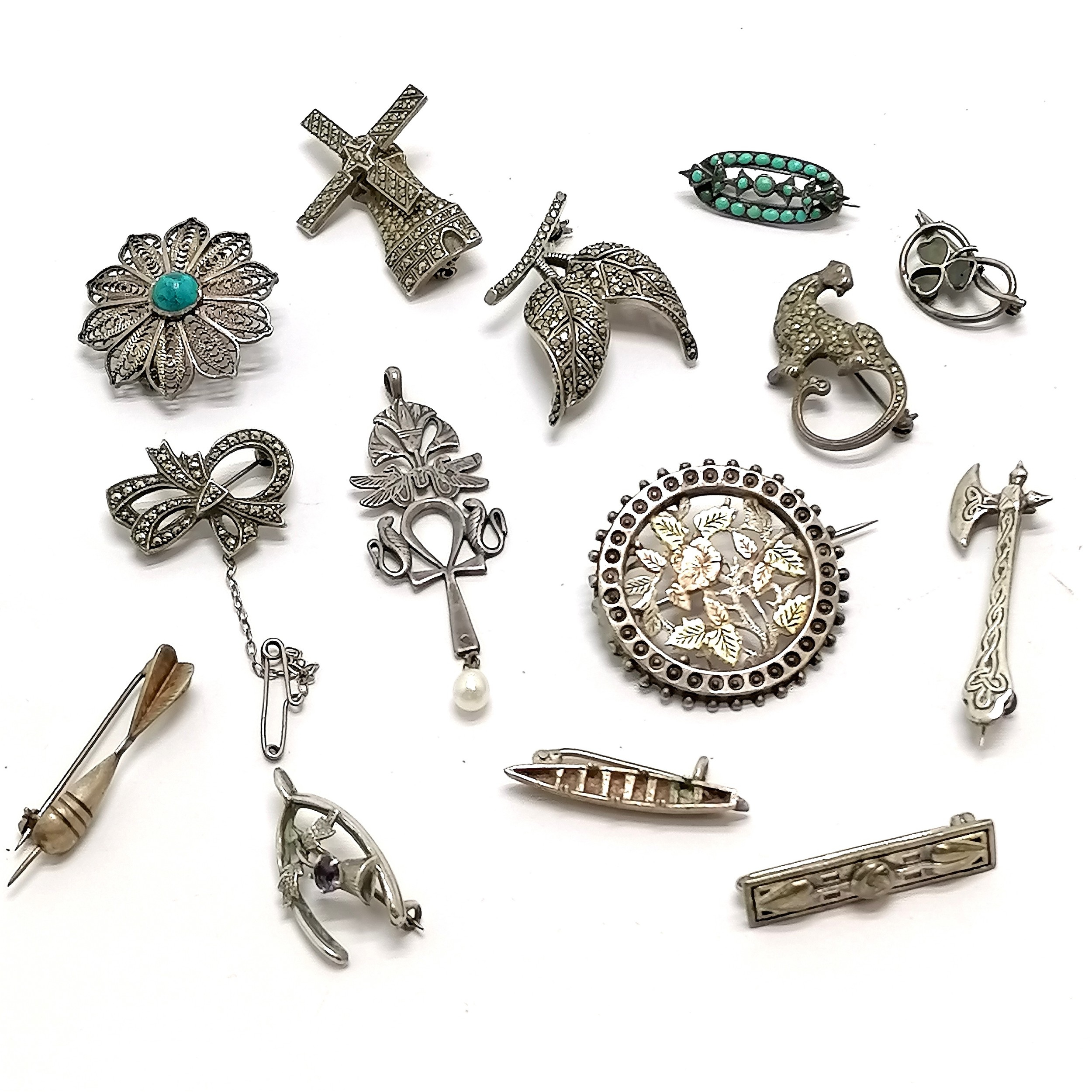 Qty of silver (some unmarked) brooches Kit Heath, marcasite, antique