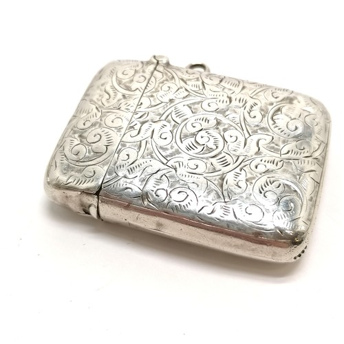 832 - Sterling silver engraved cigarette case & 2 vestas ~ total weight 149g - all have slight dents & sma... 