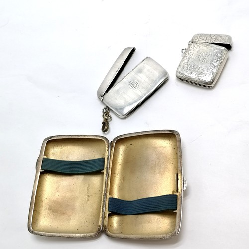 832 - Sterling silver engraved cigarette case & 2 vestas ~ total weight 149g - all have slight dents & sma... 