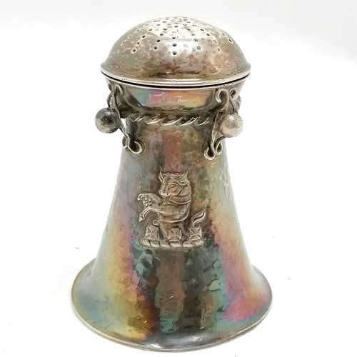 838 - 1903 silver Arts & Crafts sugar dredger by Ramsden & Carr (Omar Ramsden & Alwyn Carr) with armourial... 