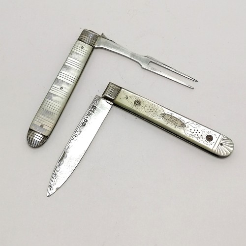 845 - 2 x antique matched fork / fruit knife with mother of pearl handles - fork 13.8cm long extended ~ kn... 