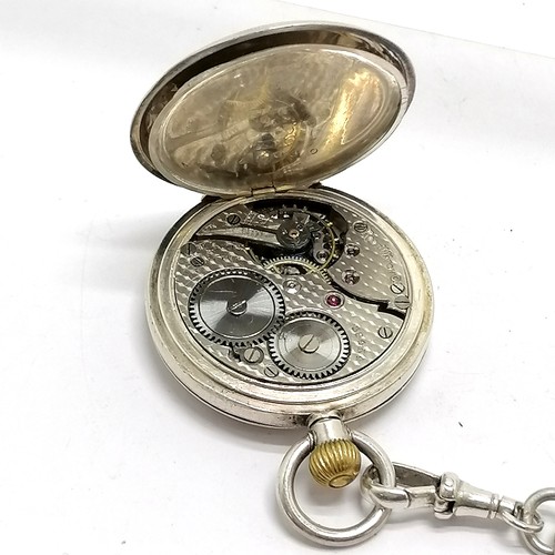 929 - Antique silver half hunter fob watch (32mm case & for spares/repairs) on a long 40cm albert silver c... 