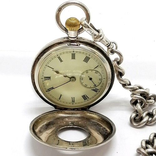 929 - Antique silver half hunter fob watch (32mm case & for spares/repairs) on a long 40cm albert silver c... 