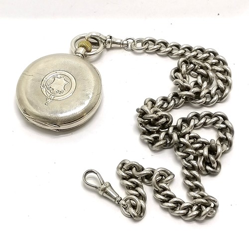 929 - Antique silver half hunter fob watch (32mm case & for spares/repairs) on a long 40cm albert silver c... 