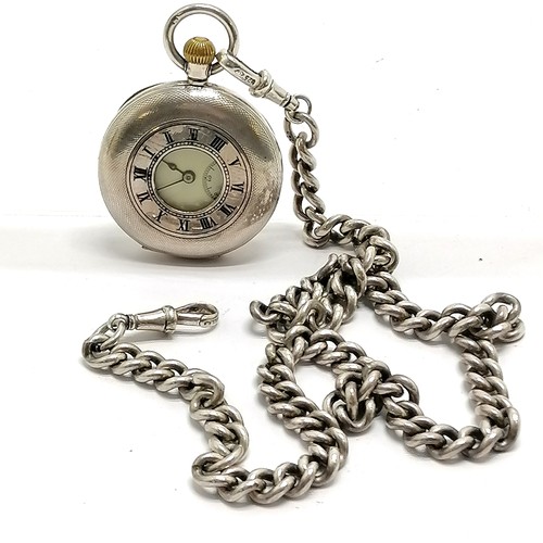 929 - Antique silver half hunter fob watch (32mm case & for spares/repairs) on a long 40cm albert silver c... 