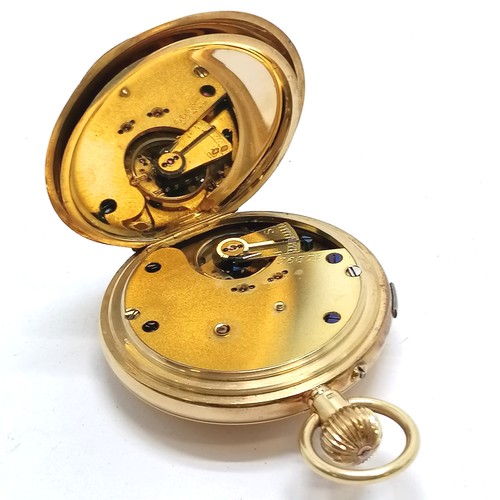 936 - 18ct gold gents half hunter pocket watch with centre seconds and roman numeral markers in an origina... 