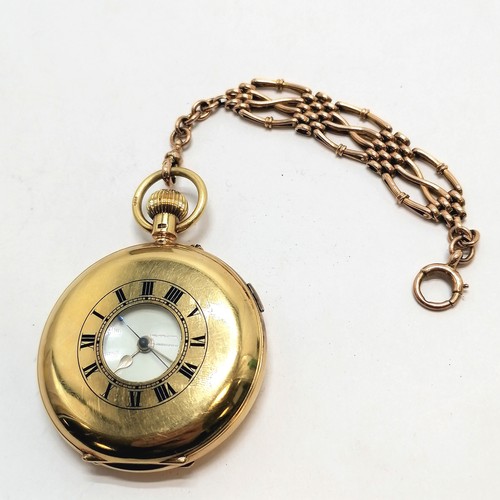 936 - 18ct gold gents half hunter pocket watch with centre seconds and roman numeral markers in an origina... 