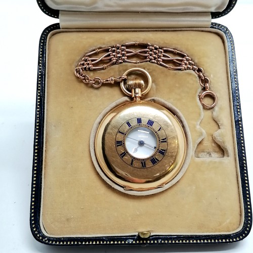 936 - 18ct gold gents half hunter pocket watch with centre seconds and roman numeral markers in an origina... 