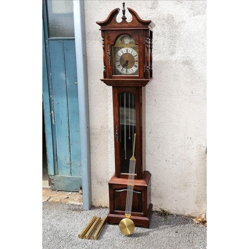 941 - Reproduction grandfather clock with brass dial, weights and pendulum 187cm high x 25cm deep x 41cm w... 