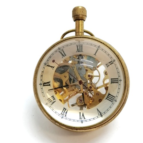 942 - Vintage ball clock with manual wind wristwatch in a teak and brass box (9cm x 8cm x 7cm high)