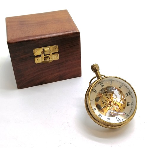 942 - Vintage ball clock with manual wind wristwatch in a teak and brass box (9cm x 8cm x 7cm high)