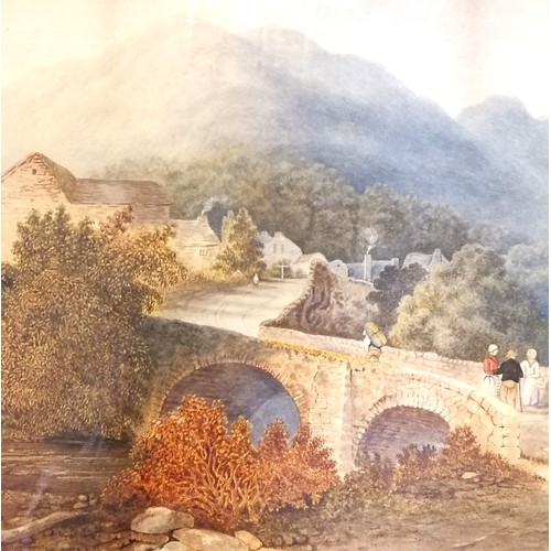 24 - Large framed watercolour painting of a bridge & village scene signed N W S... 1860 - 68cm x 84cm