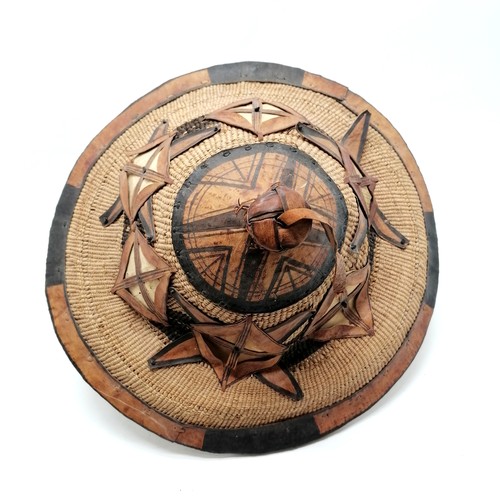 372 - Leather and woven hat 42cm diameter