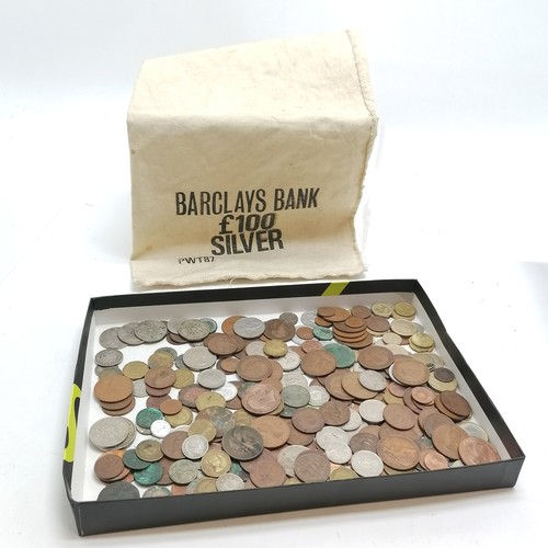 375 - Qty of coins inc some silver + Barclays £100 silver bag (empty!)