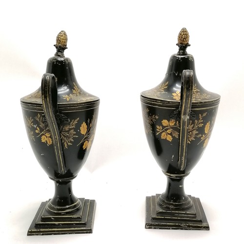 2 - Japanned pair of antique pewter lidded urns with pineapple finials with British touch marks to base ... 