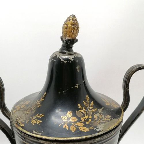 2 - Japanned pair of antique pewter lidded urns with pineapple finials with British touch marks to base ... 