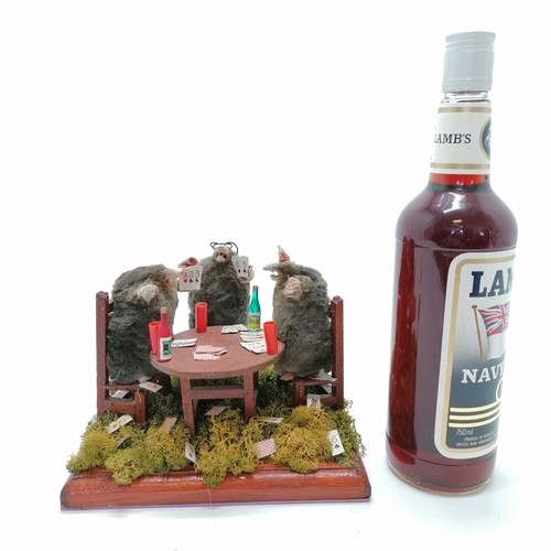 3 - Taxidermied 3 x moles playing cards and drinking blue nun - 20cm x 20cm x 18cm high