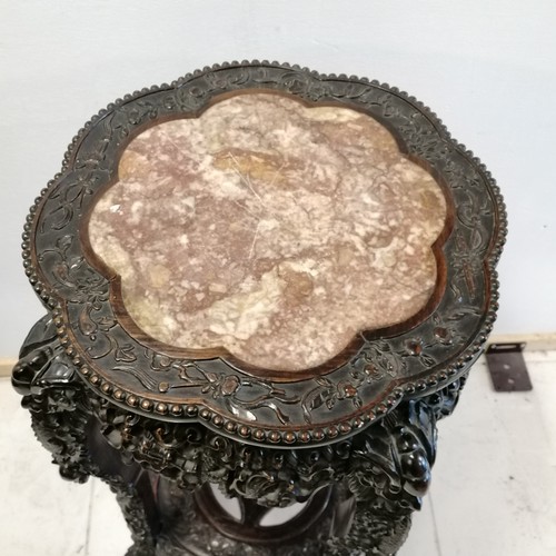 19 - Antique Chinese hardwood carved stand with pink marble inset to top. 42 x 42 x 82cm.