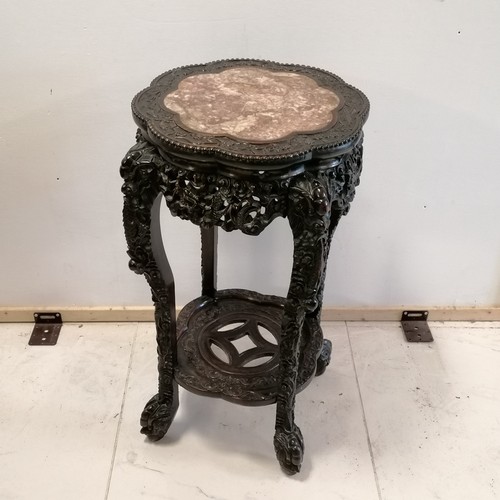 19 - Antique Chinese hardwood carved stand with pink marble inset to top. 42 x 42 x 82cm.