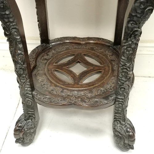 19 - Antique Chinese hardwood carved stand with pink marble inset to top. 42 x 42 x 82cm.