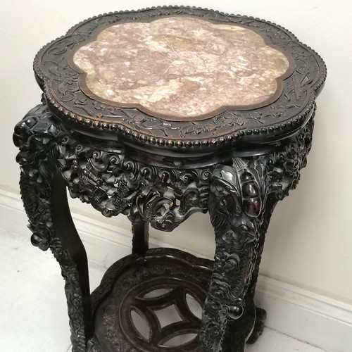 19 - Antique Chinese hardwood carved stand with pink marble inset to top. 42 x 42 x 82cm.