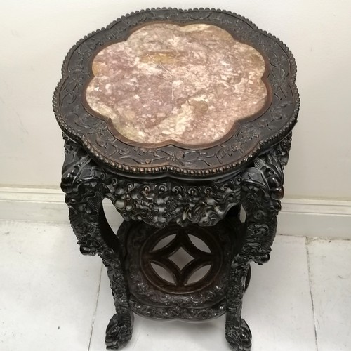 19 - Antique Chinese hardwood carved stand with pink marble inset to top. 42 x 42 x 82cm.