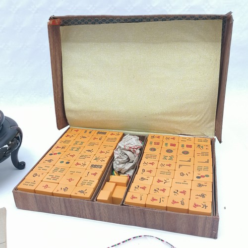 45 - Boxed mahjong set t/w hardwood carved stand a/f.