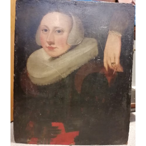 68 - Antique framed oil painting on composite board of a study of a lady wearing a ruff next to an arm - ... 