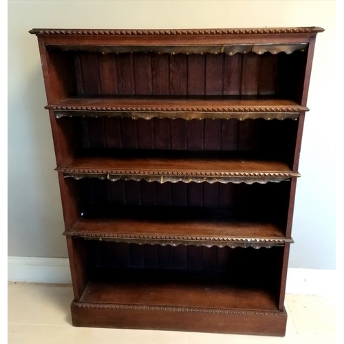 70 - Antique oak shelf unit with scalloped leather shelf decoration and raised carved detailing to shelf ... 