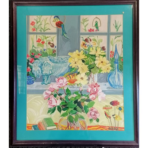 77 - Framed large contemporary watercolour of roses in a window with fish and parrots signed Giltsoff by ... 