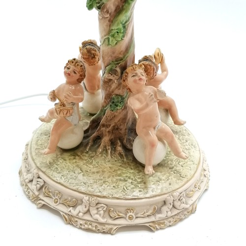 81 - Capodimonte lamp base decorated with putti playing musical instruments, base 41cm high + shade - som... 