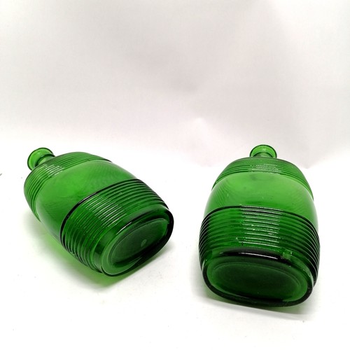 92 - Pair of antique green ribbed decorated green flasks / bottles with original clear glass stoppers - 9... 