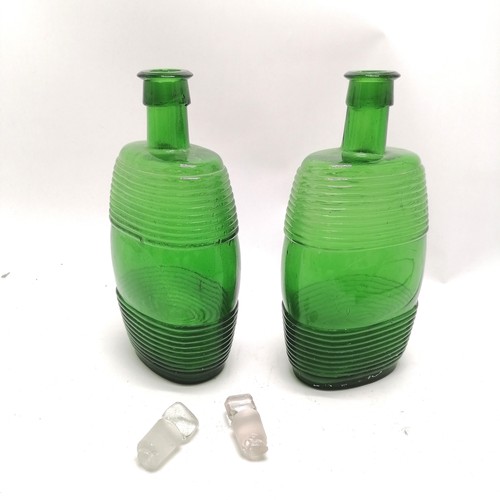 92 - Pair of antique green ribbed decorated green flasks / bottles with original clear glass stoppers - 9... 