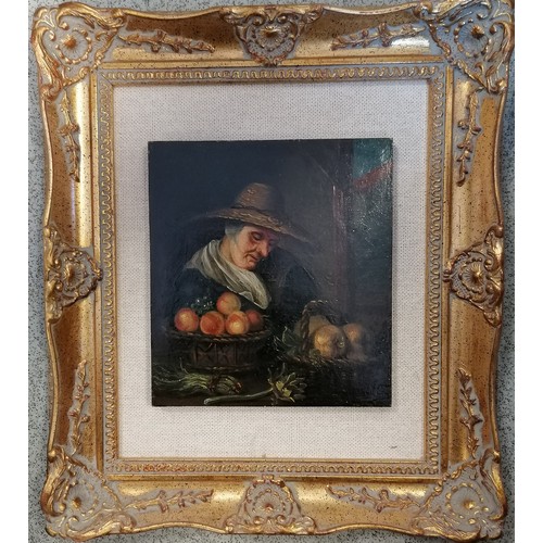 93 - Dutch school painting on panel of fruit seller, unsigned mounted on a later frame, panel size 18cm x... 