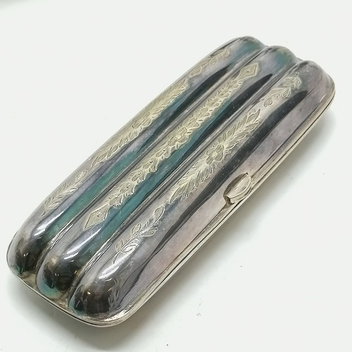 94 - Silver plated cigar case with etched decoration 13cm x 5cm , bronze lidded inkwell and a pair of ope... 