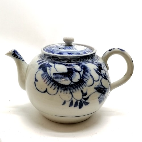 97 - Antique blue and white decorated teapot 12cm high- has a small nick to the spout and the rim to the ... 