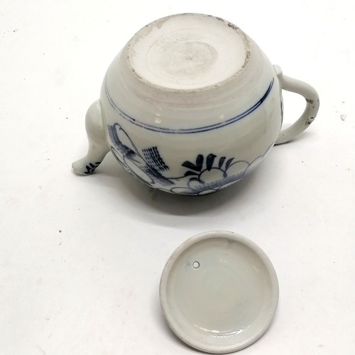 97 - Antique blue and white decorated teapot 12cm high- has a small nick to the spout and the rim to the ... 