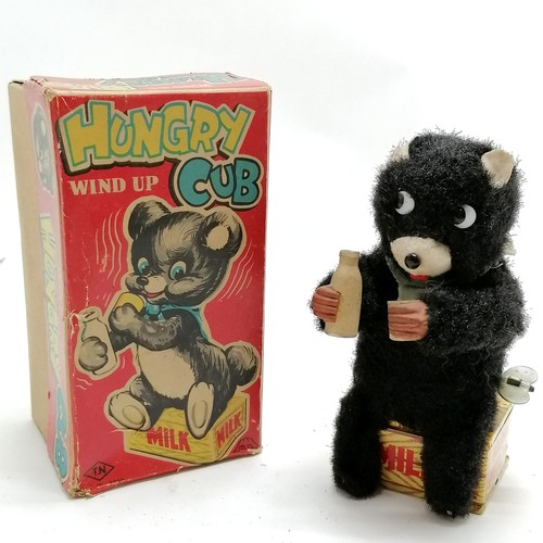 105 - Vintage Toy Nomura wind up Hungry Cub 15cm high with original box - in good condition apart from som... 