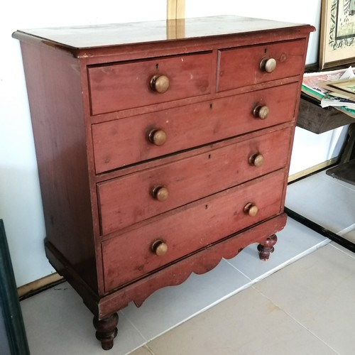 125 - Victorian painted pine chest of 2 short and 3 long graduated drawers on turned legs, legs heavily wo... 