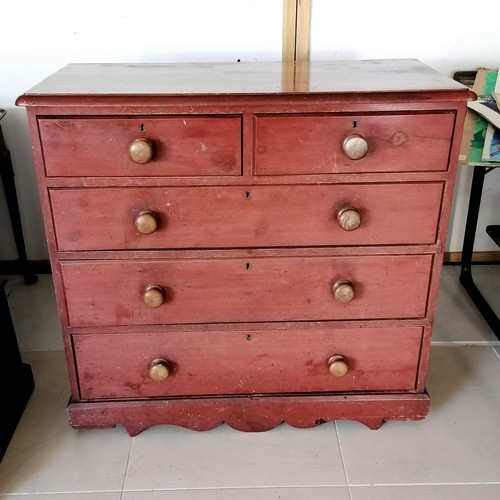 125 - Victorian painted pine chest of 2 short and 3 long graduated drawers on turned legs, legs heavily wo... 