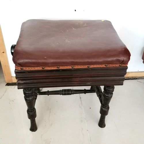 126 - Antique adjustable piano stool on turned supports, with faux leather upholstery, 54 cm wide, 47 cm l... 