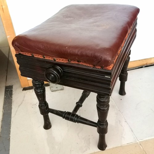 126 - Antique adjustable piano stool on turned supports, with faux leather upholstery, 54 cm wide, 47 cm l... 