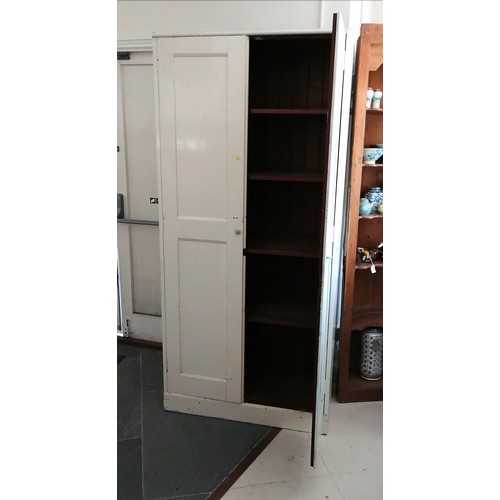 130 - Antique white painted pine 2 door pantry cupboard, with fitted shelf interior, 92 cm wide, 198 cm hi... 