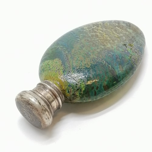 149 - Antique iridescent glass bodied scent bottle with unmarked silver screw on lid - 9cm tall ~ no obvio... 