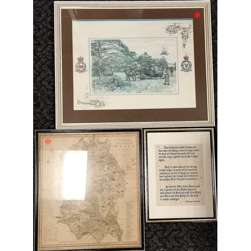 184 - 3 x framed pictures - signed Ken Howard print (frame 72cm x 59cm), Wiltshire map & Churchill quote