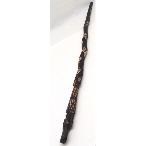 185 - African hand carved staff with figural & snake detail - 119cm long