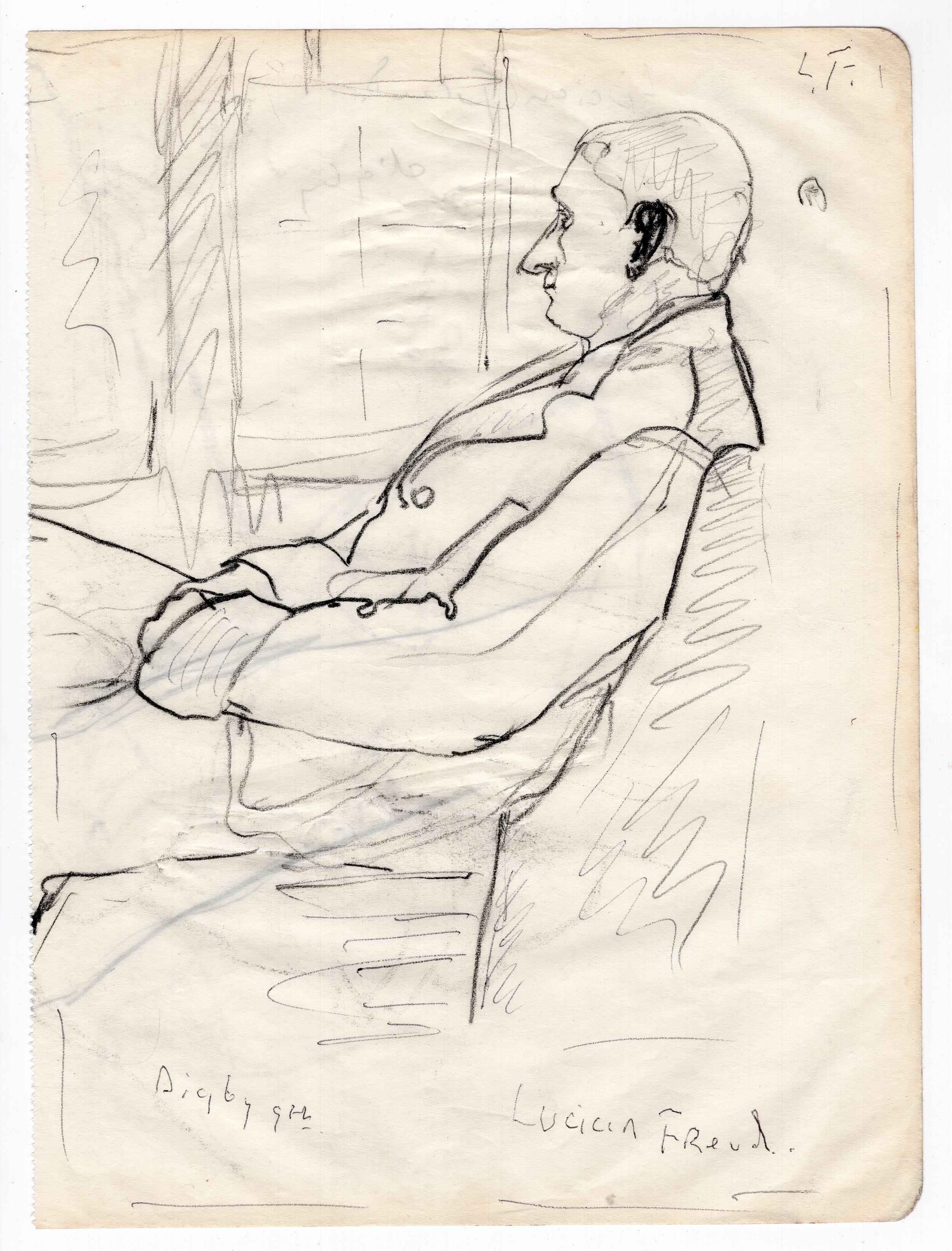 Lucian Freud drawing of a seated male figure - 25.5cm x 19cm