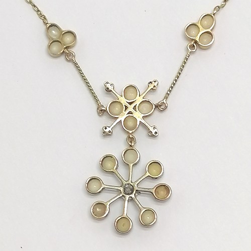 502 - Antique cased 15ct marked gold diamond & pearl set necklace (32cm) + matching earrings (with 9ct fit... 