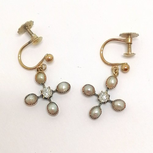 502 - Antique cased 15ct marked gold diamond & pearl set necklace (32cm) + matching earrings (with 9ct fit... 